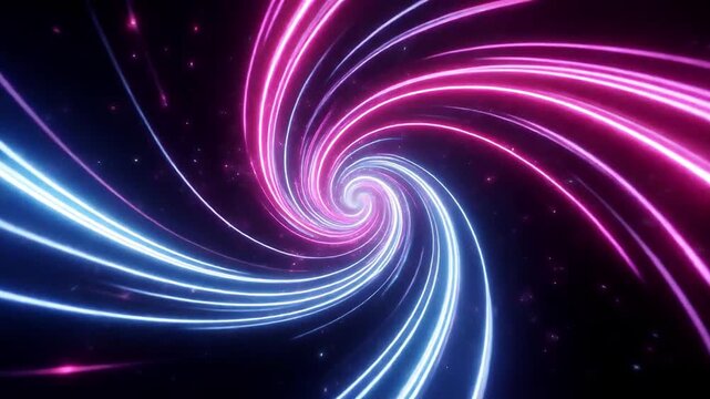 Neon lights swirl in a mesmerizing dance of pink and blue hues against a dark background.