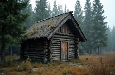 Obraz premium Rustic log hut with thatched roof sits in misty forest clearing. Old wooden cabin for hunting or storage in Siberian wilderness. Rural, remote, traditional architecture.