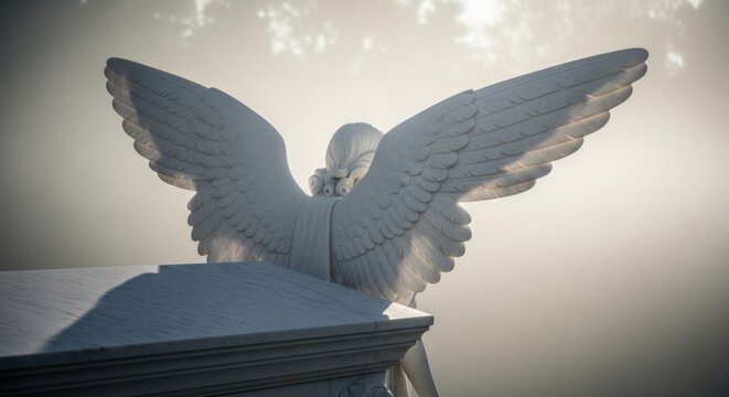 Sculpted angel statue with outspread wings against a cloudy sky