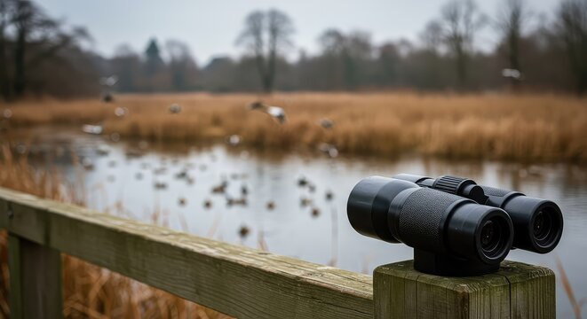 Close up of professional binoculars resting on a sturdy wooden fence overlooking a tranquil wetland teeming with migrating waterfowl and ducks ,notebook ,photography ,hobby