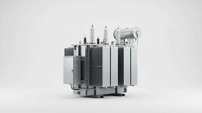 Industrial power transformer unit standing isolated as a heavy electrical component for energy grid distribution systems