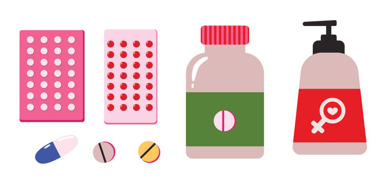 Female contraceptive pills and intimate wash hygiene products Hand drawn illustration of woman health supplies for Family Planning and Reproductive Rights awareness
