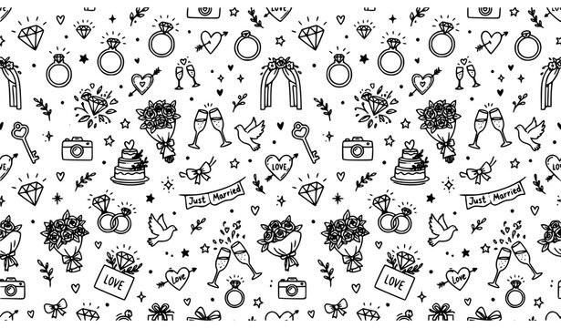 Hand drawn seamless diamond and ring pattern with hearts and sparkles line art wedding background