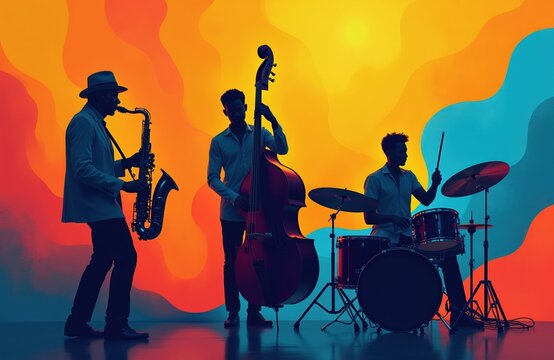 Musicians perform jazz music on stage. Saxophone player, double bass artist, and drummer play together. Colorful abstract background sets vibrant mood for live band show.