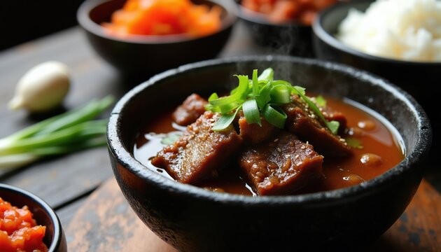 Korean oxtail stew gorikgomtang served in black bowl. Rich beef broth, tender meat, garnished with green onions and sesame seeds. Side dishes include kimchi and rice.