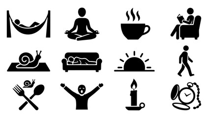 Slow Living and Mindful Lifestyle Black Silhouette Icon Set © Mediasegment