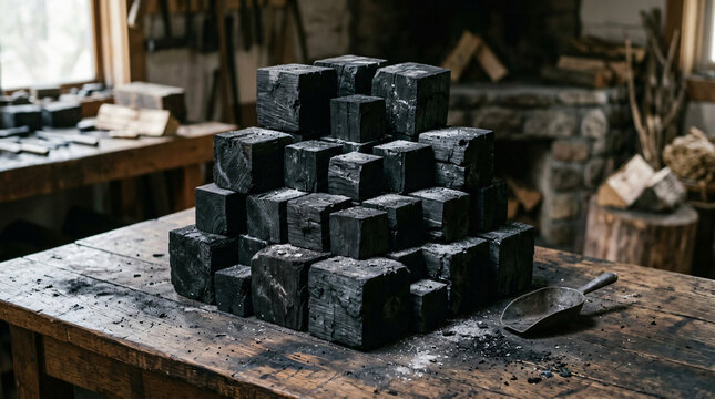 An abstract industrial texture featuring a stack of building materials with a concrete block, a pile of bricks, and old tires near a weathered stone wall