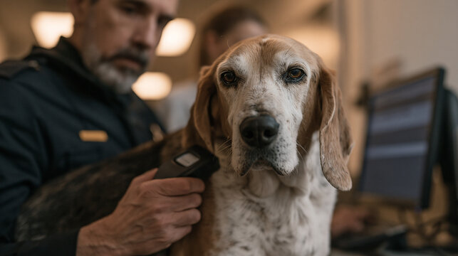 Animal control officer in municipal facility hallway gently scanning lost senior beagle with handheld microchip reader while shelter intake coordinator cross-references registration database on wall