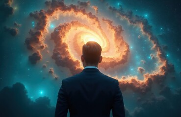 Fototapeta premium Man in suit looks at bright nebula. Businessman gazes at galaxy swirl. Entrepreneur sees future, cosmic consciousness, infinite potential and success.