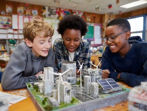 Children learning about sustainable city model in classroom