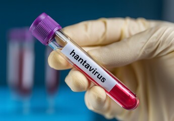 Naklejka premium Hand holding hantavirus blood test tube