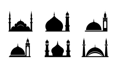 Set of 6 Mosque Dome and Minaret Silhouette Icons for Islamic Architecture Branding and Contemporary Ramadan Kareem Graphic Design Elements Isolated Black and White Vector © GULSHAN