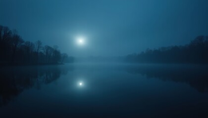 Fototapeta premium Night lake scene with misty trees and full moon reflection. Calm water creates mirror effect. Dark blue atmosphere creates tranquil mood. Serene nature landscape.