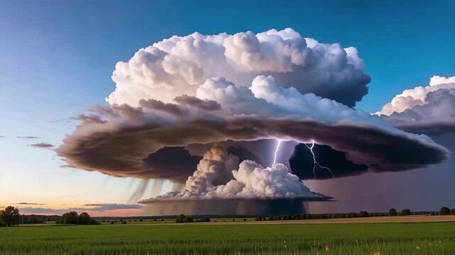 Dramatic Supercell Storm Cloud Formation Over Rural Landscape.