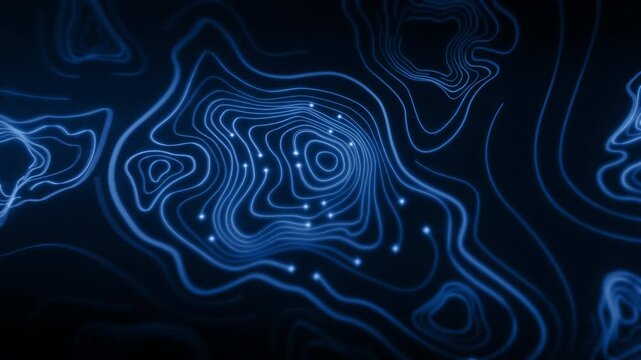 Futuristic digital topographic map with glowing neon contour lines, abstract 3D terrain visualization, modern data technology and cyber landscape concept