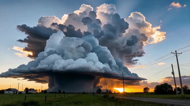 Dramatic Supercell Thunderstorm Cloud Formation at Sunset in Rural Landscape.