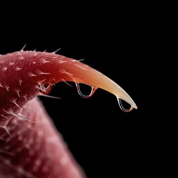 Extreme macro view of potent deadly neurotoxin dripping from sharp fangs. Highly dangerous biological weapon used for defense or attack ,defense ,neurotoxin ,fangs
