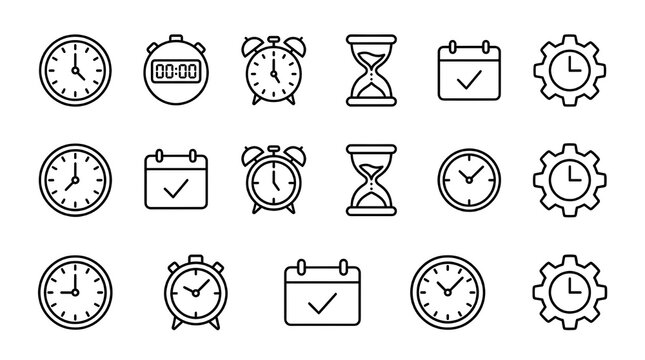 Thin outline time management icon collection, clocks, stopwatch, alarm, hourglass, calendar symbols, simple monochrome vector design, editable stroke, minimalist interface icons, isolated background