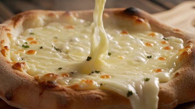 Delicious Four Cheese Pizza with Stretchy Mozzarella Cheese Pull.