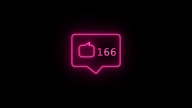 Dynamic glowing pink speech bubble with increasing like counter motion graphics on black background, digital animation of social media reactions