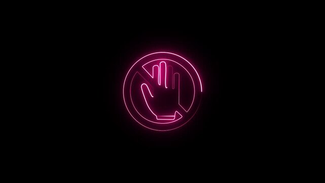 Neon do not touch sign with glowing pink lines shimmering and flickering on a dark background, dynamic motion graphic animation