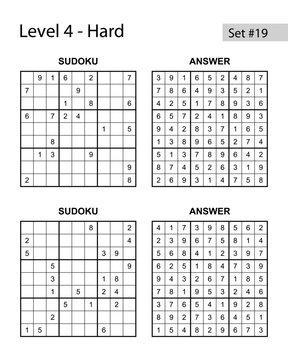 Minimalist Logic Series: Sudoku puzzle set 19 hard level 4 with two puzzles and solved answer keys on white background