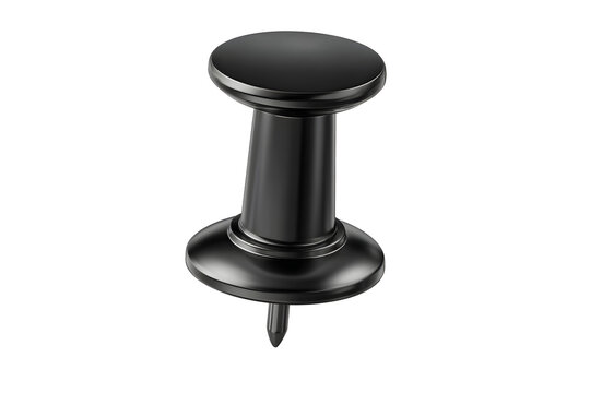 Black plastic push pin isolated on cut out PNG or transparent background. Realistic 3D rendering of thumbtack commonly. Office, business, education, organization, stationery, design projects.