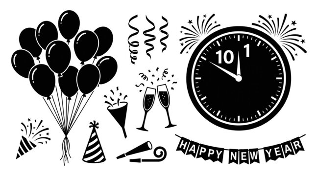 New year celebration silhouette set with balloons clock and party elements