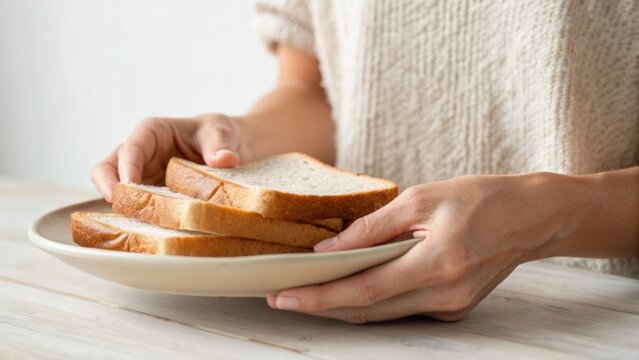 Hands holding a plate with three slices of whole wheat bread on a wooden table, against a neutral background.