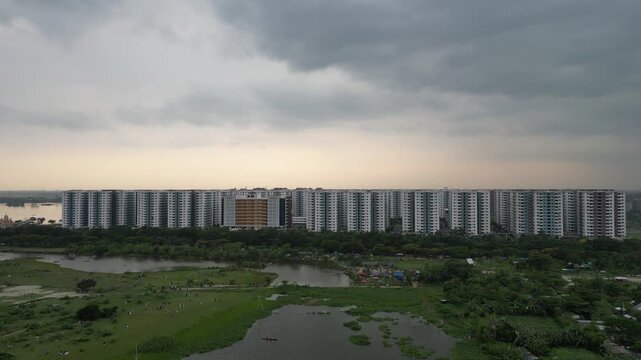 Dhaka, Bangladesh-May 15, 2026 Aerial drone view of Diabari Dhaka in cloudy afternoon urban landscape Bangladesh 4K