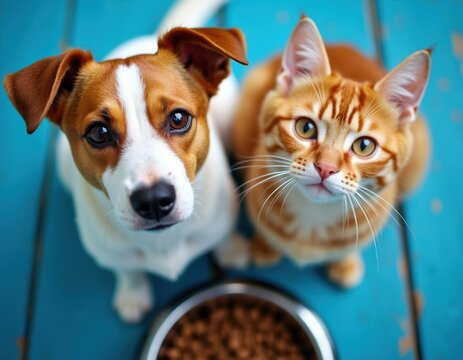 Brown and white dog and ginger cat wait for food. They sit together beside bowl of kibble on blue wooden floor. Pets look up expectantly at camera.