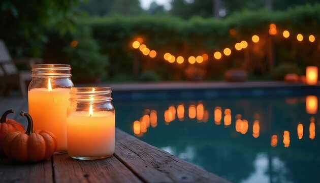 Two glass jars with lit candles and small pumpkins rest on a wooden deck by a pool. String lights glow and reflect in the water creating a warm, romantic evening ambiance.