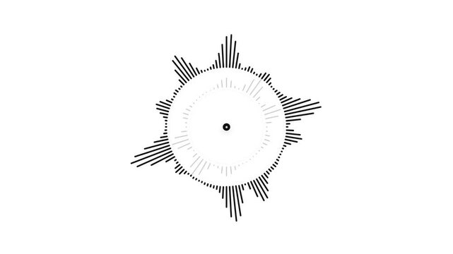 Minimalist black circular audio visualizer and sound wave spectrum on white background for music and podcasting themes.