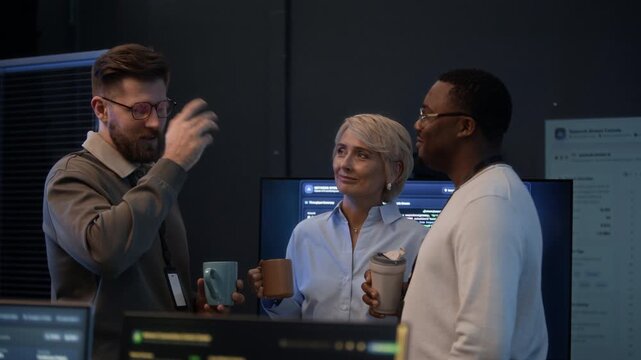 Handheld shot of three diverse colleagues talking while having coffee break in modern cybersecurity office with digital equipment and computers