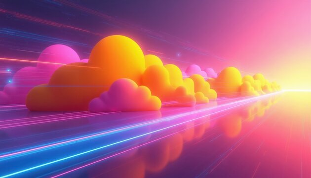 Digital clouds travel fast on neon lines. Abstract data stream moves through cyberspace. Futuristic network connects virtual space. Information transfer flows at high speed. Modern tech concept