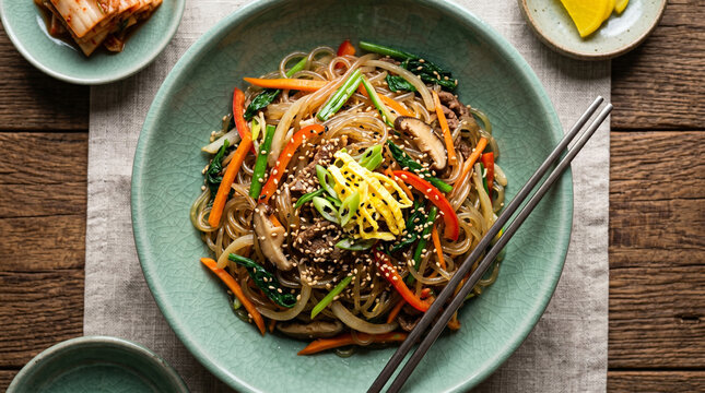 A delicious plate of japchae with vegetables and chopsticks on a table setting