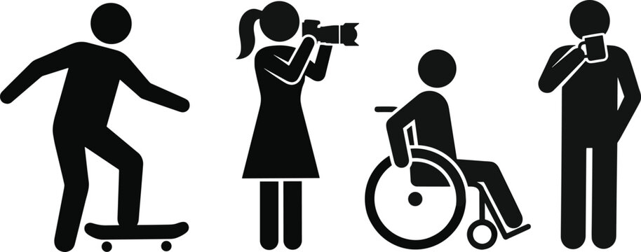 Four diverse people in wheelchair and crutches flat four people standing sitting desi