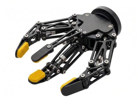 High-detailed 3D render of a futuristic mechanical robotic gripper end effector isolated on a white background representing industrial automation