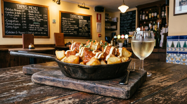 Delicious patatas bravas in a pan with a glass of white wine on a wooden table
