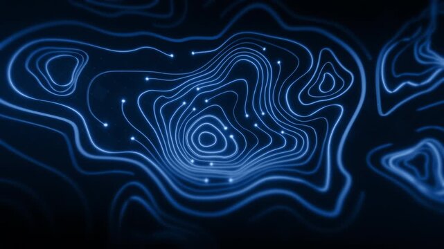 Futuristic digital topographic map with glowing neon contour lines, abstract 3D terrain visualization, modern data technology and cyber landscape concept