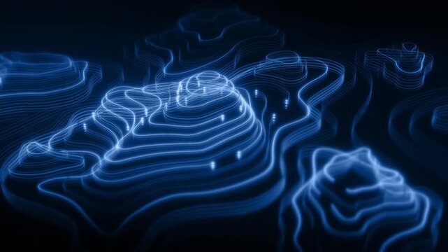 Futuristic digital topographic map with glowing neon contour lines, abstract 3D terrain visualization, modern data technology and cyber landscape concept