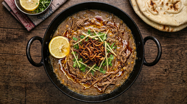 Delicious traditional Pakistani nihari dish with meat and spices in a black bowl