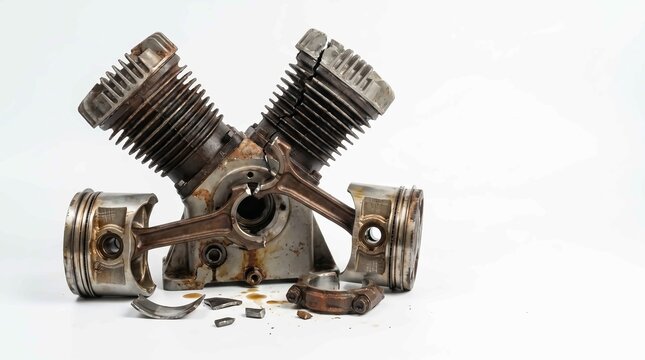 Vintage motorcycle engine parts with rust and wear on white background