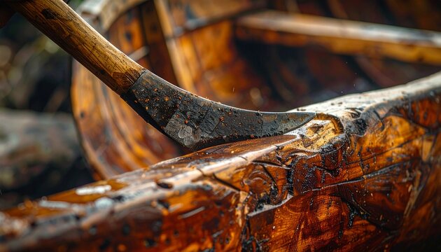 Close-up of rusted adze blade with wooden handle for traditional wood carving