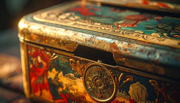 Close-up of vintage decorative tin money box with floral and coin slot detail