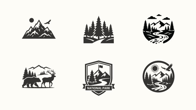 Set of 6 Nature Landscape Icons Featuring Mountains Forests Rivers Wildlife and National Park Emblem