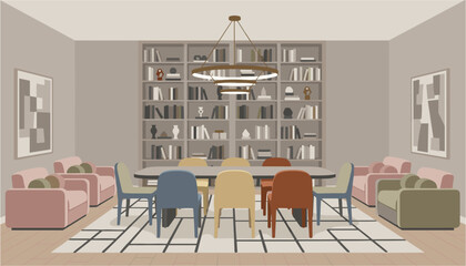 Modern dining room with bookshelves and colorful chairs during evening illumination © FahimStock