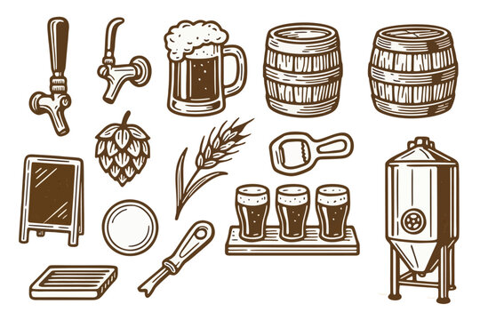 Beer Tap Brewery Bar Icon Set include beer tap handle, draft faucet flow, foam glass mug, keg barrel, hops cone, barley grain, tap drip tray, chalk menu board, coaster circle