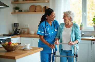 Fototapeta premium Nurse helps elderly woman walk using walker in home kitchen. Smiling caregiver supports senior patient learning mobility. Friendly interaction showing care and assistance.