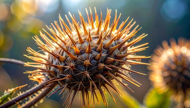 Close-up macro of burdock burr with hooked bracts in golden sunlight